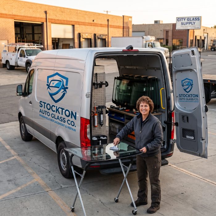 Stockton Auto Glass Co. mobile service van and technician on a Stockton, CA street