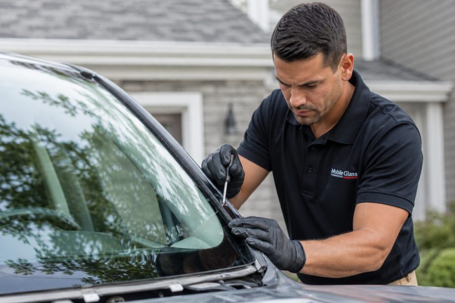 Technician repairing a windshield crack at a home in Stockton, CA